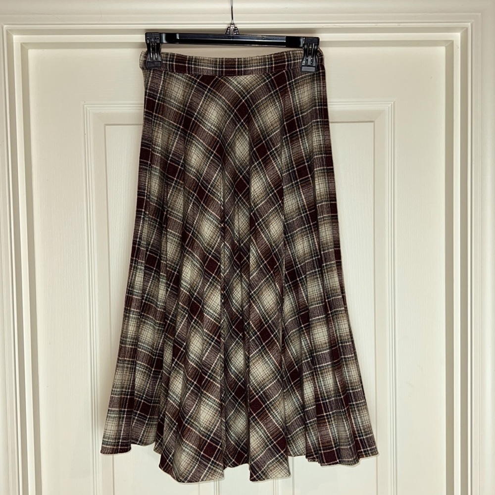 Vintage Casual Corner Brown Plaid Pleated Wool Blend Midi Skirt - Size 7/Small - Picture 4 of 11